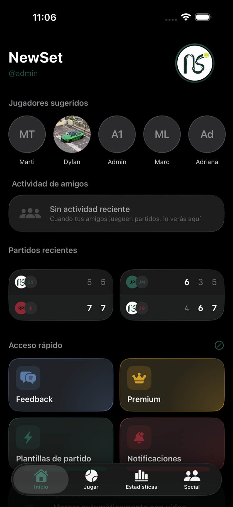 Pantalla de inicio de NewSet con los jugadores sugeridos, la actividad de tus amigos y tus partidos recientes